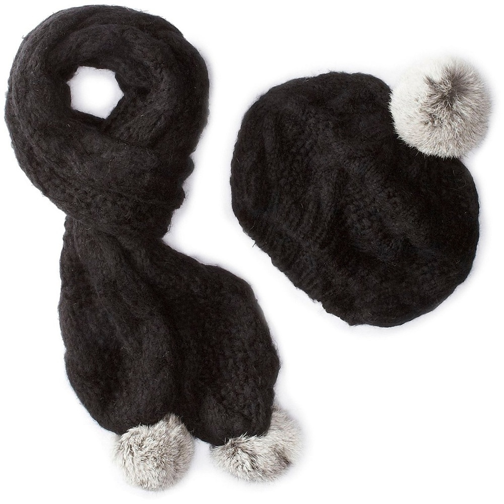 La Fiorentina Black Rabbit Fur Pom Scarf Hat Set